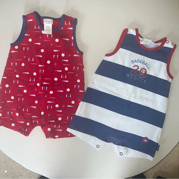 Vintage Carter's Red / Blue Baby Baseball Bubble Rompers Set 6-9 Months Y2K 90s - Picture 1 of 11